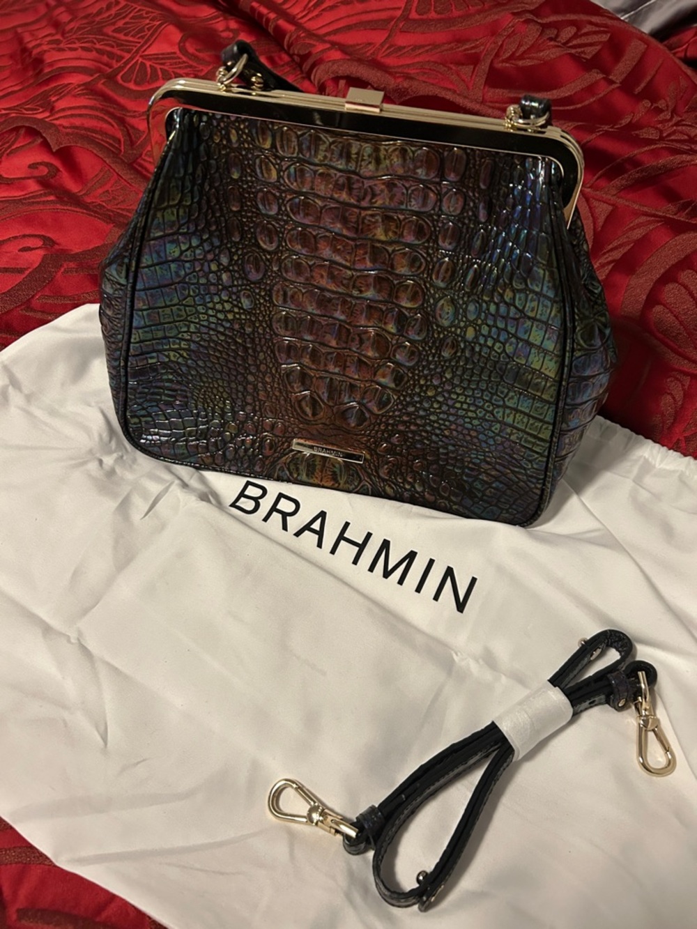 Brahmin Iridescent Croc-Embossed Frame Bag in Multi-Tone Black